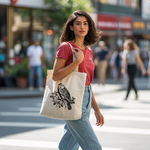Tote bag femme avec illustration d’un oiseau monochrome porté par une femme - MARJANE et Cie