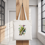 Tote bag femme recto avec illustration couleur d’un oiseau pic vert suspendu - dessin naturaliste détaillée - MARJANE et Cie