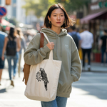Tote bag femme avec illustration d’un oiseau quetzal monochrome porté par une femme - MARJANE et Cie