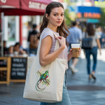 Tote bag femme illustré d’un oiseau quetzal en couleur porté par une femme - MARJANE et Cie