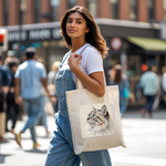 Tote bag chat femme porté par une femme avec naturel – illustration colorée recto - MARJANE et Cie