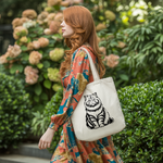 Tote bag chat femme porté par une femme stylée – monochrome noir élégant - MARJANE et Cie