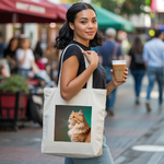 Tote bag chat femme porté par une femme au style affirmé - illustration colorée recto - MARJANE et Cie