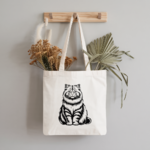 Tote bag chat femme flocage monochrome noir suspendu à une patère – posture affirmée - MARJANE et Cie