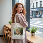 Tote bag chat Bengal femme porté par une femme avec élégance – illustration colorée recto – MARJANE et Cie