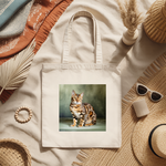 Tote bag chat Bengal femme illustré en couleur posé à plat, vue de dessus – regard intense – MARJANE et Cie
