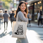 Tote bag chat femme porté par une femme – illustration monochrome verso – MARJANE et Cie