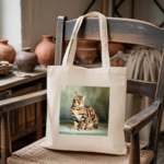 Tote bag chat Bengal femme illustré en couleur posé sur une chaise – posture féline – MARJANE et Cie