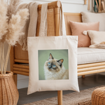 Tote bag chat femme illustration en couleur suspendu – regard bleu azur - MARJANE et Cie