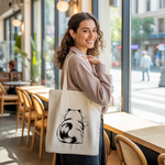 Tote bag chat femme porté par une femme avec élégance – flocage noir humoristique - MARJANE et Cie
