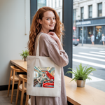 Tote bag femme Girl Power porté, illustration d’une femme garagiste souriante et déterminée - MARJANE et Cie