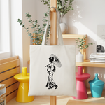 Tote bag femme inspiration japonaise suspendu, silhouette marchant avec ombrelle - MARJANE et Cie