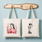 Tote bag femme inspiré du Japon avec portrait en tenue traditionnelle rouge et silhouette sous une ombrelle en noir et blanc - MARJANE et Cie