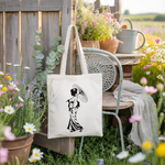 Tote bag femme inspiration japonaise suspendu, silhouette marchant avec ombrelle, flocage - MARJANE et Cie