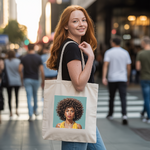Tote bag femme avec portrait féminin affirmé porté par une femme - MARJANE et Cie