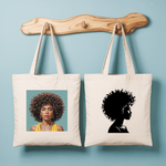 Tote bag femme force et élégance avec portrait féminin et silhouette monochrome - MARJANE et Cie