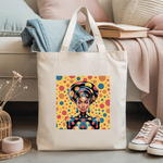 Tote bag femme portrait féminin coloré au regard affirmé, posé dans un intérieur - MARJANE et Cie
