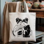 Tote bag femme inspiration asiatique suspendu, conciliabule discret en flocage monochrome - MARJANE et Cie