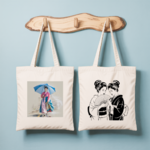 Tote bag femme inspiration asiatique avec femme sous la pluie en couleur et silhouettes derrière un éventail en noir et blanc - MARJANE et Cie