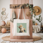 Tote bag chat Bengal femme illustration en couleur suspendu à une patère – regard félin expressif – MARJANE et Cie