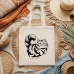 Tote bag chat femme en mouvement monochrome floqué posé à plat, vue de dessus – MARJANE et Cie
