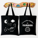 Tote bag bébé personnalisé recto Nuit avec les dinosaures et verso prénom en coton noir avec flocage blanc - MARJANE et Cie