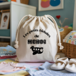 Sac pochon bébé personnalisable Dinosaure bleu émerveillé face texte en coton avec flocage couleur, cadeau naissance - MARJANE et Cie
