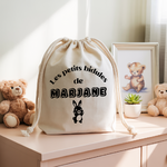 Sac pochon bébé personnalisable famille de dinosaures face texte et lapin, coton, flocage couleur, cadeau naissance - MARJANE et Cie