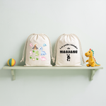 Sac pochon bébé personnalisable famille de dinosaures et texte en coton avec flocage couleur, écoresponsable - MARJANE et Cie