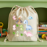 Sac pochon bébé personnalisé famille de dinosaures en coton avec flocage couleur - MARJANE et Cie