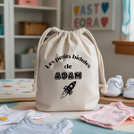 Sac pochon bébé personnalisé famille de dinosaures face prénom et fusée, coton, flocage couleur - MARJANE et Cie