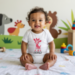 Body bébé personnalisé en coton girafe rieuse porté par bébé - MARJANE et Cie