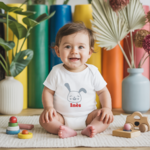 Body bébé personnalisé en coton lapin des prés joyeux porté par bébé - MARJANE et Cie