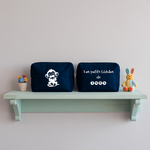 Trousse bébé personnalisable Singe rieur et prénom en toile recyclée bleu marine avec flocage, cadeau naissance - MARJANE et Cie