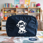 Trousse bébé personnalisée Singe rieur en toile recyclée bleu marine avec flocage blanc - MARJANE et Cie