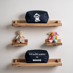 Trousse bébé personnalisée recto Singe rieur et verso prénom en toile recyclée bleu marine avec flocage blanc - MARJANE et Cie