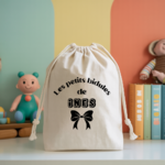 Sac pochon bébé personnalisé singe rieur face prénom et noeud, coton, flocage couleur - MARJANE et Cie
