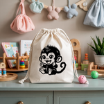 Sac pochon bébé personnalisable singe rieur en coton avec flocage, cadeau naissance- MARJANE et Cie