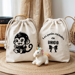 Sac pochon bébé personnalisé recto singe rieur et verso prénom en coton avec flocage couleur - MARJANE et Cie