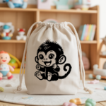 Sac pochon bébé personnalisé singe rieur en coton avec flocage couleur - MARJANE et Cie