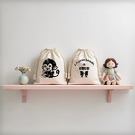 Sac pochon bébé personnalisé face singe rieur et face prénom en coton avec flocage, cadeau naissance - MARJANE et Cie