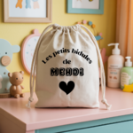 Sac pochon bébé personnalisable éléphant tendre face texte et cœur, coton, flocage couleur, cadeau naissance - MARJANE et Cie
