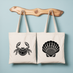 Tote bag femme avec illustration de coquille st jacques et verso flocage crabe au design artistique - MARJANE et Cie