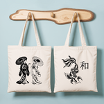 Tote bag femme inspiré du Japon avec silhouettes sous ombrelles et carpe harmonieuse en noir et blanc - MARJANE et Cie