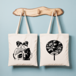 Tote bag femme avec éventail japonais Uchiwa et silhouettes derrière un éventail en noir et blanc - MARJANE et Cie