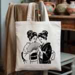 Tote bag femme silhouettes asiatiques derrière un éventail en flocage noir - MARJANE et Cie
