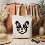 Tote bag femme avec tête de chien bouledogue français en flocage noir - MARJANE et Cie