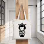 Tote bag femme inspiration japonaise suspendu, illustration sobre et raffinée, poupée Kokeshi - MARJANE et Cie