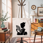 Tote bag femme inspiration japonaise suspendu, silhouette élégante à l’éventail, flocage monochrome - MARJANE et Cie