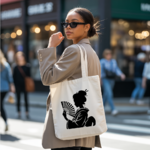 Tote bag femme porté, silhouette japonaise monochrome pleine de finesse, flocage - MARJANE et Cie